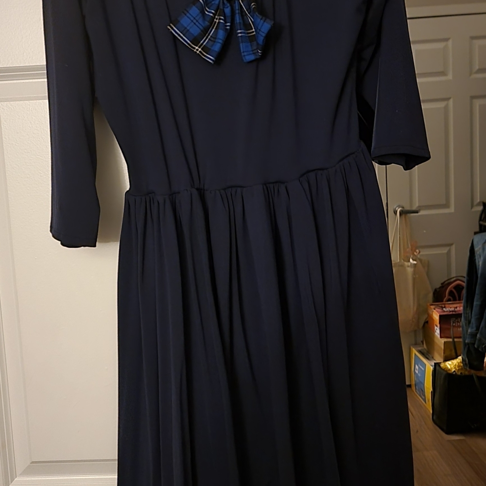 Retro Peaches Navy Midi Dress with Blue Plaid Bow